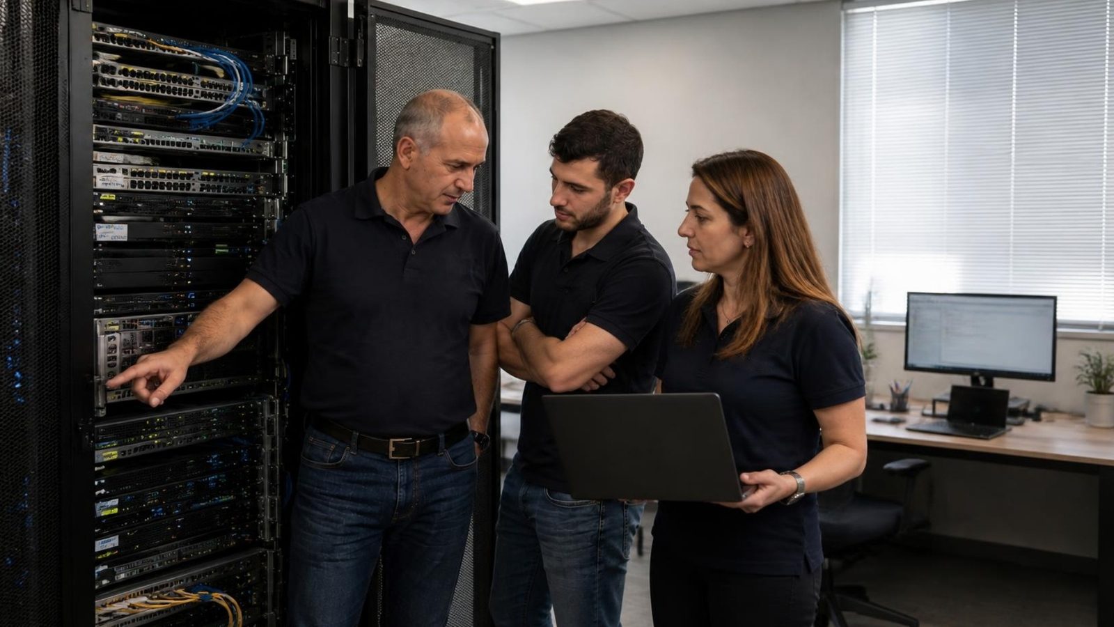 צוות מקצועי של Systemic עובד ליד ארון שרתים ותחנות עבודה